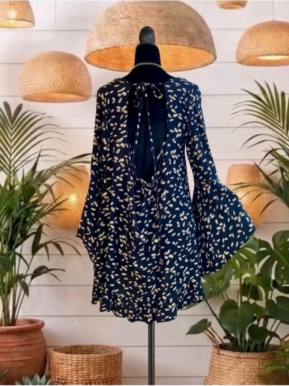 Open Back Bell Sleeve Navy Feather Print Dress/Tunic
